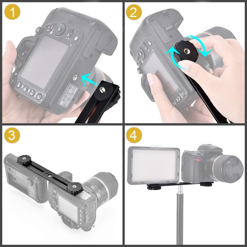 UTEBIT 8 inch Flash Bracket, Dual Camera Mount Extension Bar with 1/4 Screw Hot Shoe, Straight Flash Bracket Tripod Mount for DSLR Camera LED Light Studio Video Microphone, 2Packs - Image 4